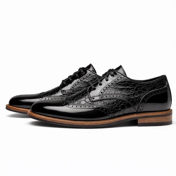 Stacy Adams Dayton Wingtip Oxford Black Patent Croc Embossed Dress Shoes Mens 11 - Picture 4 of 7